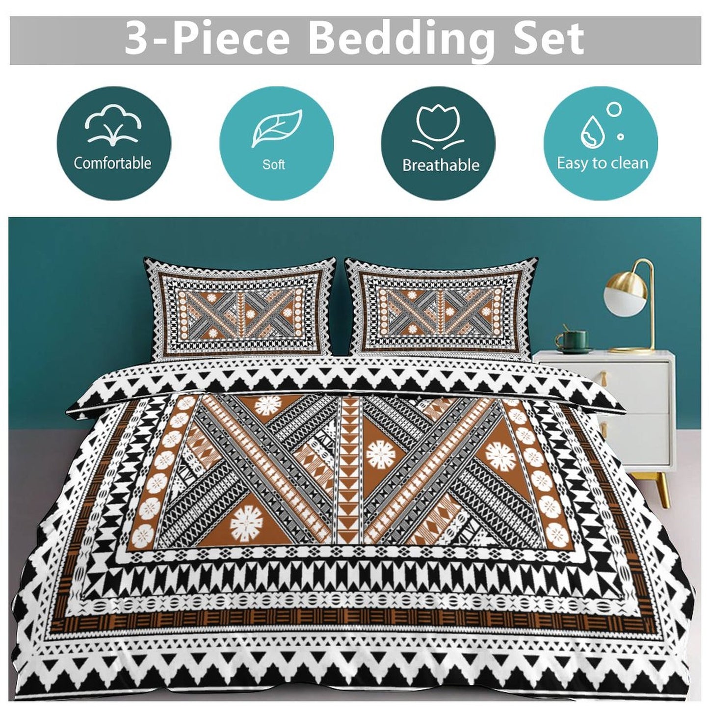 Fiji Masi 3-Piece Bedding Set-90"x90"/ 229x229cm (Dual-sided Printing) 3